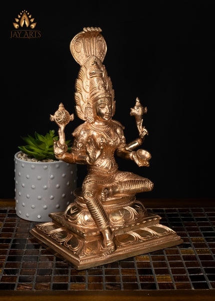 12" Panchaloham Bronze Narayani Statue Hindu Goddess with Serpent Canopy & Vishnu Symbols