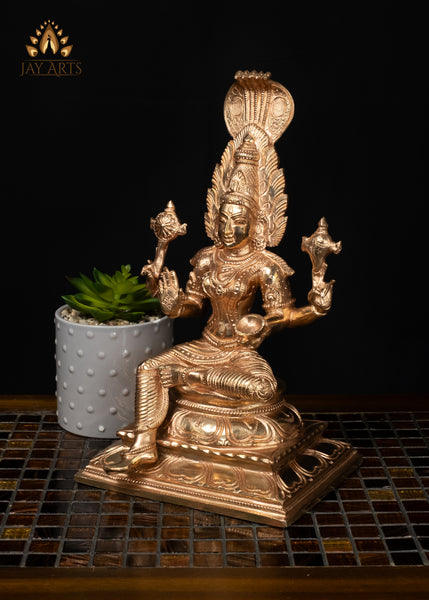 12" Panchaloham Bronze Narayani Statue Hindu Goddess with Serpent Canopy & Vishnu Symbols