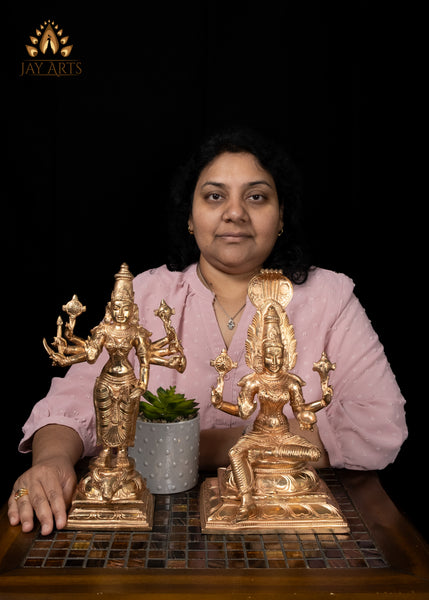 12" Bronze Goddess Durga Statue Standing on Bull with Eight Arms & Sacred Weapons