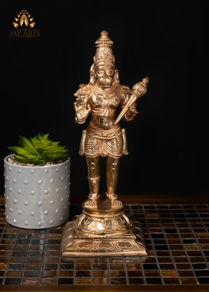 12" Divine Bronze Hanuman Statue with Gada in Abhaya Mudra