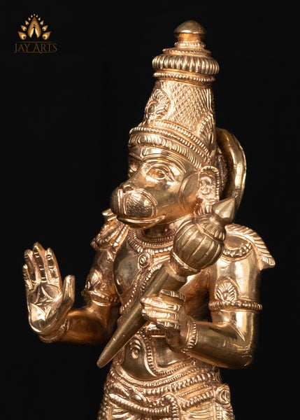 12" Divine Bronze Hanuman Statue with Gada in Abhaya Mudra