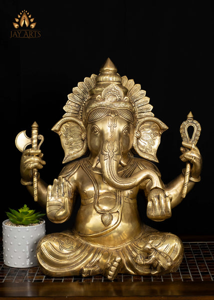 Majestic Seated Brass Ganesha Statue in Abhaya Mudra Holding Axe and Noose 20"