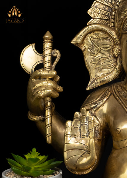 Majestic Seated Brass Ganesha Statue in Abhaya Mudra Holding Axe and Noose 20"