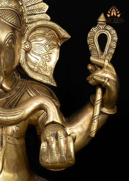 Majestic Seated Brass Ganesha Statue in Abhaya Mudra Holding Axe and Noose 20"