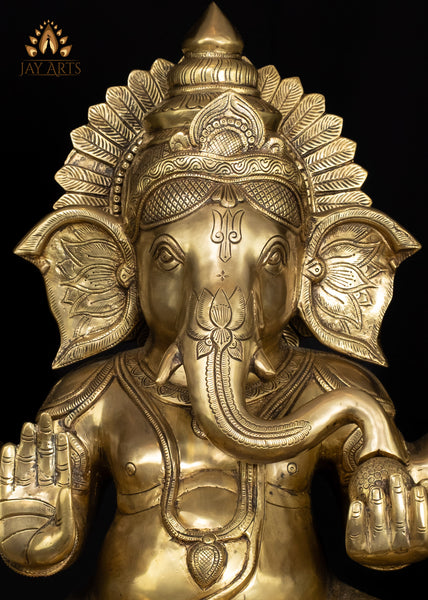 Majestic Seated Brass Ganesha Statue in Abhaya Mudra Holding Axe and Noose 20"
