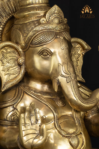 Majestic Seated Brass Ganesha Statue in Abhaya Mudra Holding Axe and Noose 20"