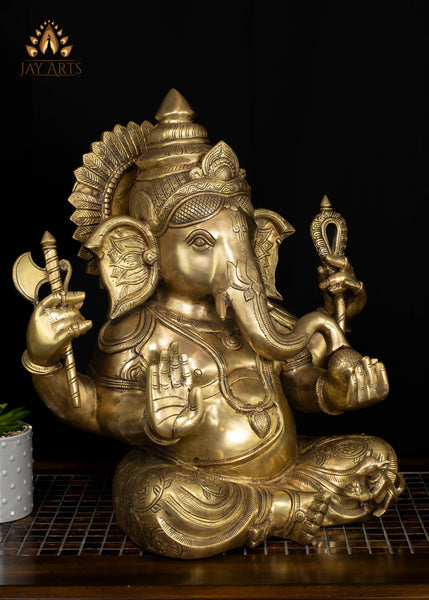 Majestic Seated Brass Ganesha Statue in Abhaya Mudra Holding Axe and Noose 20"
