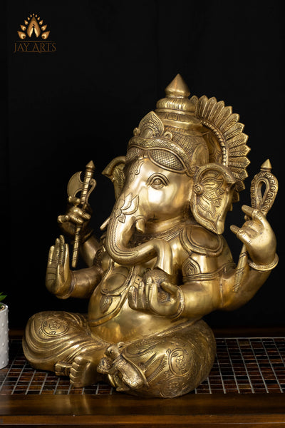 Majestic Seated Brass Ganesha Statue in Abhaya Mudra Holding Axe and Noose 20"