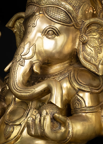 Majestic Seated Brass Ganesha Statue in Abhaya Mudra Holding Axe and Noose 20"