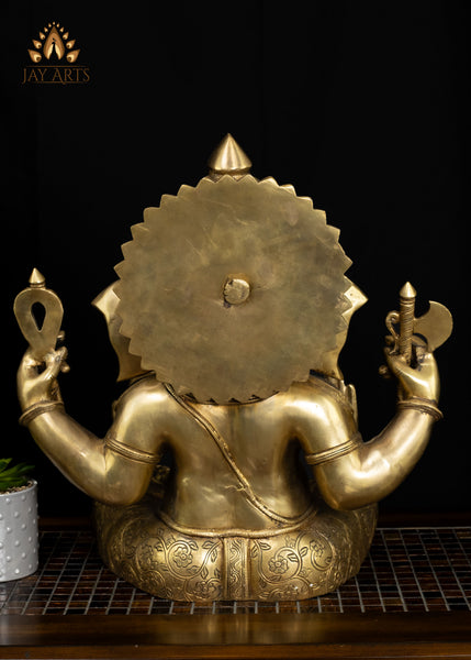 Majestic Seated Brass Ganesha Statue in Abhaya Mudra Holding Axe and Noose 20"