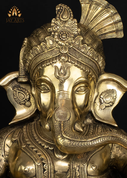20" Brass Pagadi (Turban) Ganesh Seated in Abhaya Mudra with Axe and Noose