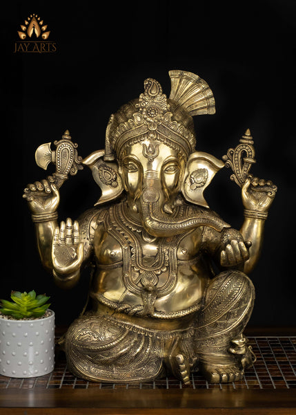 20" Brass Pagadi (Turban) Ganesh Seated in Abhaya Mudra with Axe and Noose