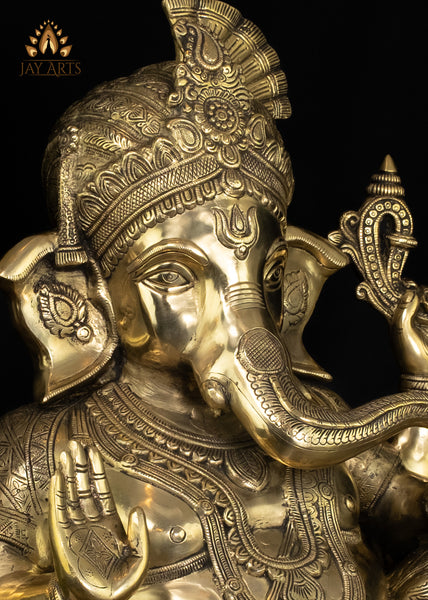 20" Brass Pagadi (Turban) Ganesh Seated in Abhaya Mudra with Axe and Noose