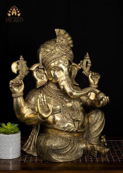 20" Brass Pagadi (Turban) Ganesh Seated in Abhaya Mudra with Axe and Noose