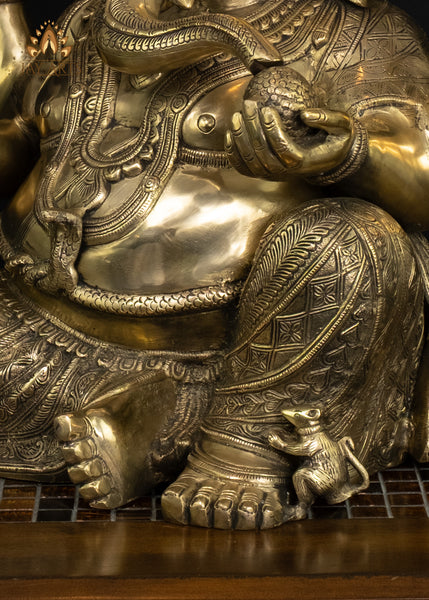 20" Brass Pagadi (Turban) Ganesh Seated in Abhaya Mudra with Axe and Noose