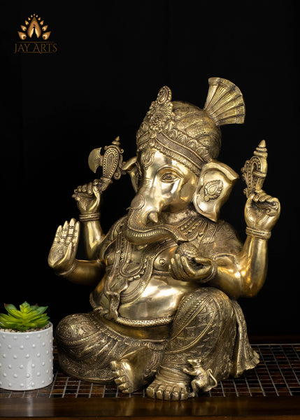 20" Brass Pagadi (Turban) Ganesh Seated in Abhaya Mudra with Axe and Noose