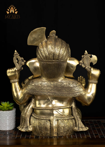 20" Brass Pagadi (Turban) Ganesh Seated in Abhaya Mudra with Axe and Noose