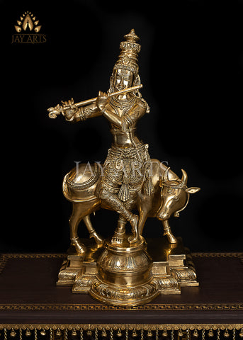 Lord Kesava with a Cow 25" Brass Krishna Statue