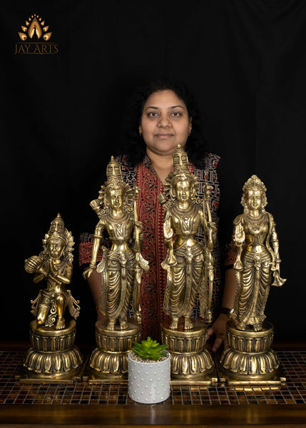 24" Large Brass Ram Parivar Set on Lotus Pedestal Exquisite Detailing | Hindu God Statues