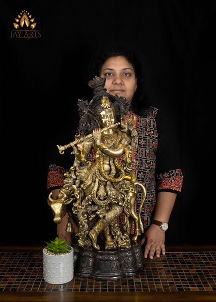 Brass Cow Krishna Statue 26" Divine Flutist | Handcrafted in India