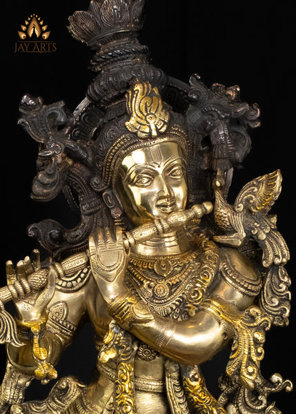 Brass Cow Krishna Statue 26" Divine Flutist | Handcrafted in India