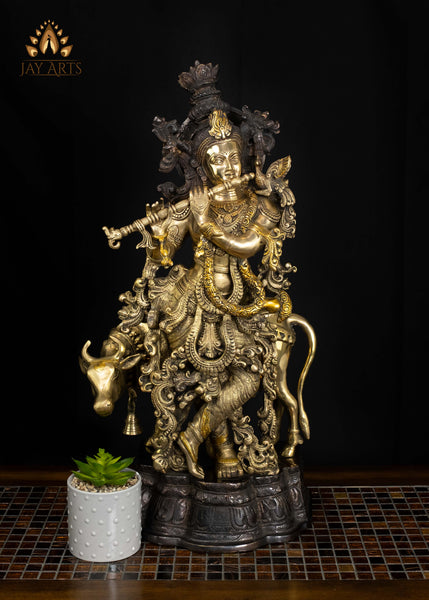 Brass Cow Krishna Statue 26" Divine Flutist | Handcrafted in India