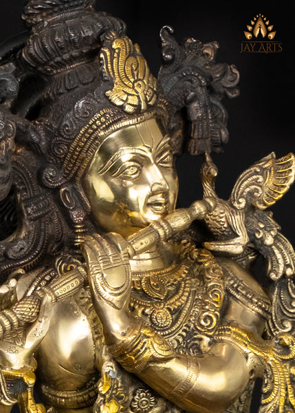 Brass Cow Krishna Statue 26" Divine Flutist | Handcrafted in India