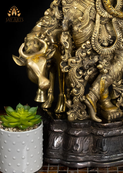 Brass Cow Krishna Statue 26" Divine Flutist | Handcrafted in India