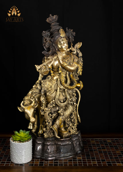 Brass Cow Krishna Statue 26" Divine Flutist | Handcrafted in India