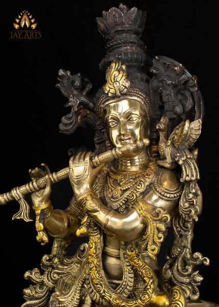 Brass Cow Krishna Statue 26" Divine Flutist | Handcrafted in India