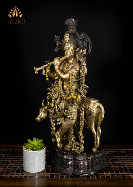 Brass Cow Krishna Statue 26" Divine Flutist | Handcrafted in India