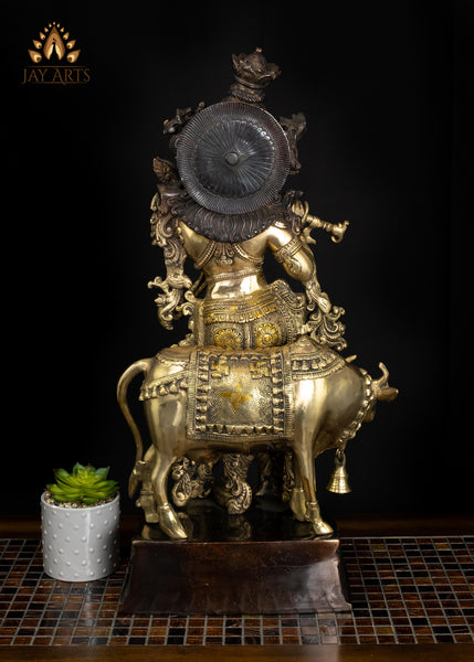 Brass Cow Krishna Statue 26" Divine Flutist | Handcrafted in India