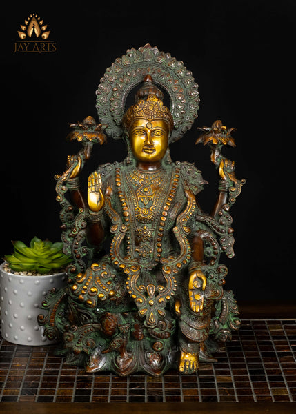 Brass Goddess Lakshmi Seated on Lotus with Owl 16" Divine Prosperity & Abundance