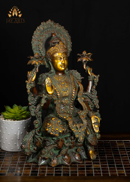 Brass Goddess Lakshmi Seated on Lotus with Owl 16" Divine Prosperity & Abundance