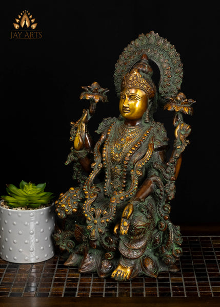 Brass Goddess Lakshmi Seated on Lotus with Owl 16" Divine Prosperity & Abundance