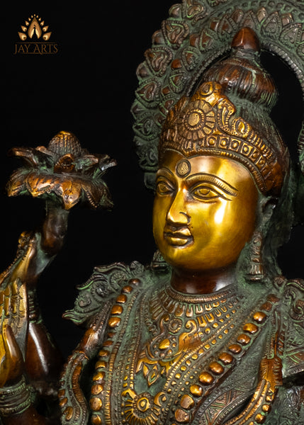 Brass Goddess Lakshmi Seated on Lotus with Owl 16" Divine Prosperity & Abundance