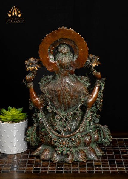 Brass Goddess Lakshmi Seated on Lotus with Owl 16" Divine Prosperity & Abundance