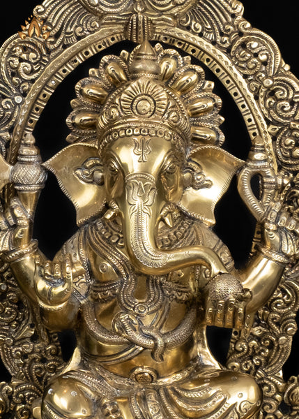 18" Brass Seated Ganesha in Abhaya Mudra with Five Diyas | Divine Ganapati Statue