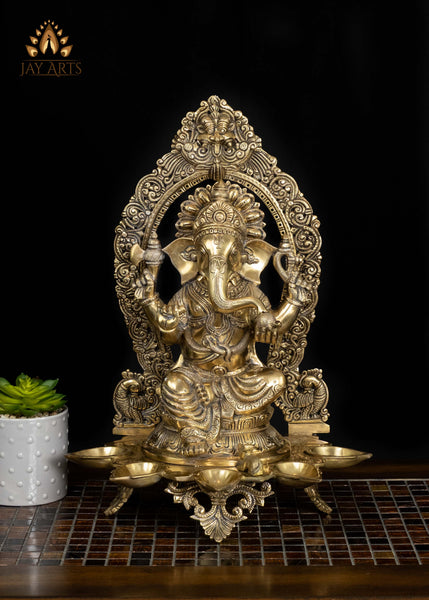 18" Brass Seated Ganesha in Abhaya Mudra with Five Diyas | Divine Ganapati Statue