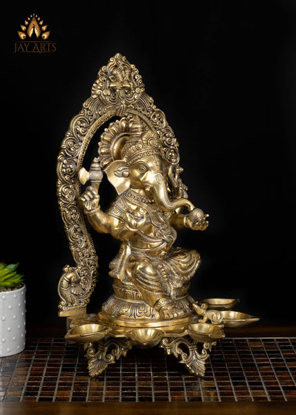 18" Brass Seated Ganesha in Abhaya Mudra with Five Diyas | Divine Ganapati Statue