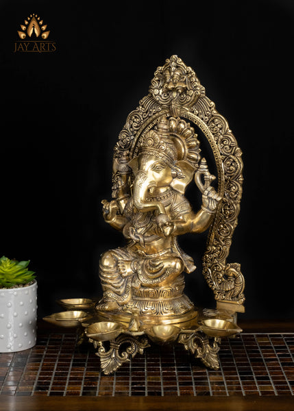 18" Brass Seated Ganesha in Abhaya Mudra with Five Diyas | Divine Ganapati Statue