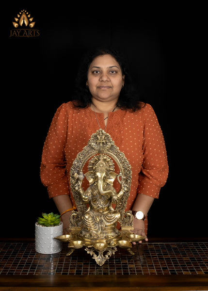 18" Brass Seated Ganesha in Abhaya Mudra with Five Diyas | Divine Ganapati Statue