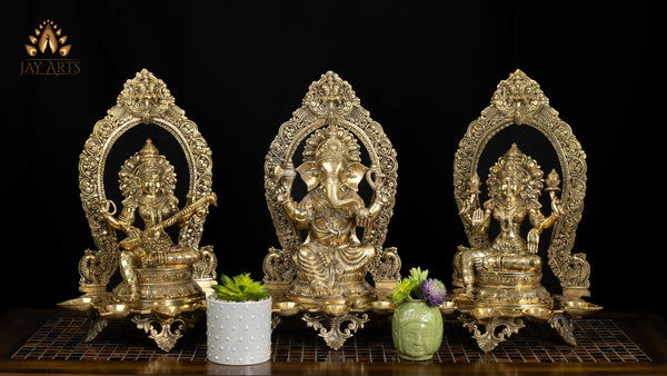 18" Brass Seated Ganesha in Abhaya Mudra with Five Diyas | Divine Ganapati Statue