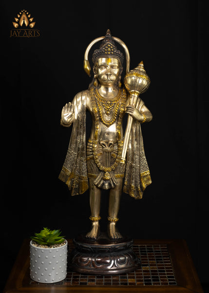 Brass Hanuman Statue on Lotus Pedestal in Abhaya Mudra 27" Elegant Brown Patina