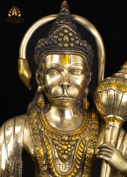 Brass Hanuman Statue on Lotus Pedestal in Abhaya Mudra 27" Elegant Brown Patina