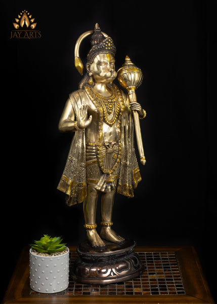 Brass Hanuman Statue on Lotus Pedestal in Abhaya Mudra 27" Elegant Brown Patina
