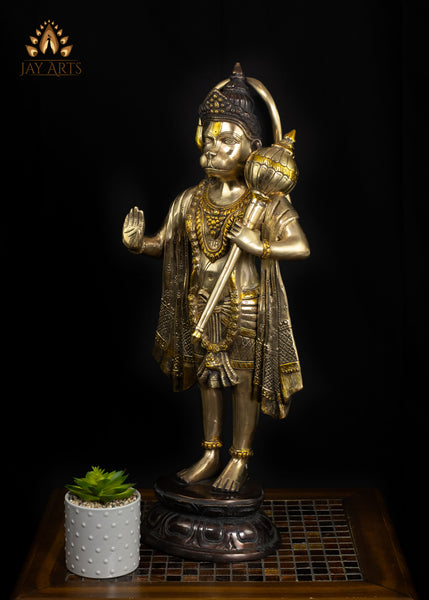 Brass Hanuman Statue on Lotus Pedestal in Abhaya Mudra 27" Elegant Brown Patina