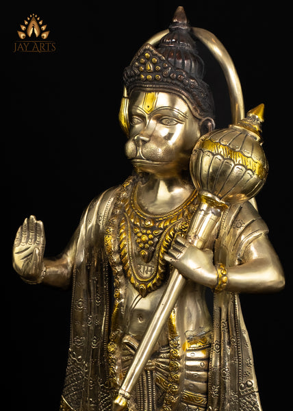 Brass Hanuman Statue on Lotus Pedestal in Abhaya Mudra 27" Elegant Brown Patina