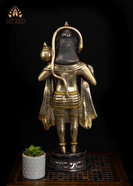 Brass Hanuman Statue on Lotus Pedestal in Abhaya Mudra 27" Elegant Brown Patina