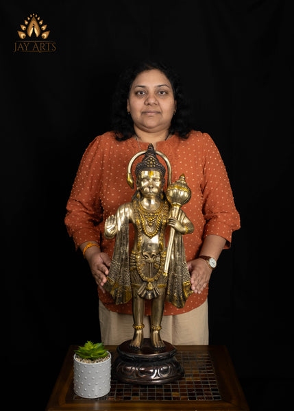 Brass Hanuman Statue on Lotus Pedestal in Abhaya Mudra 27" Elegant Brown Patina